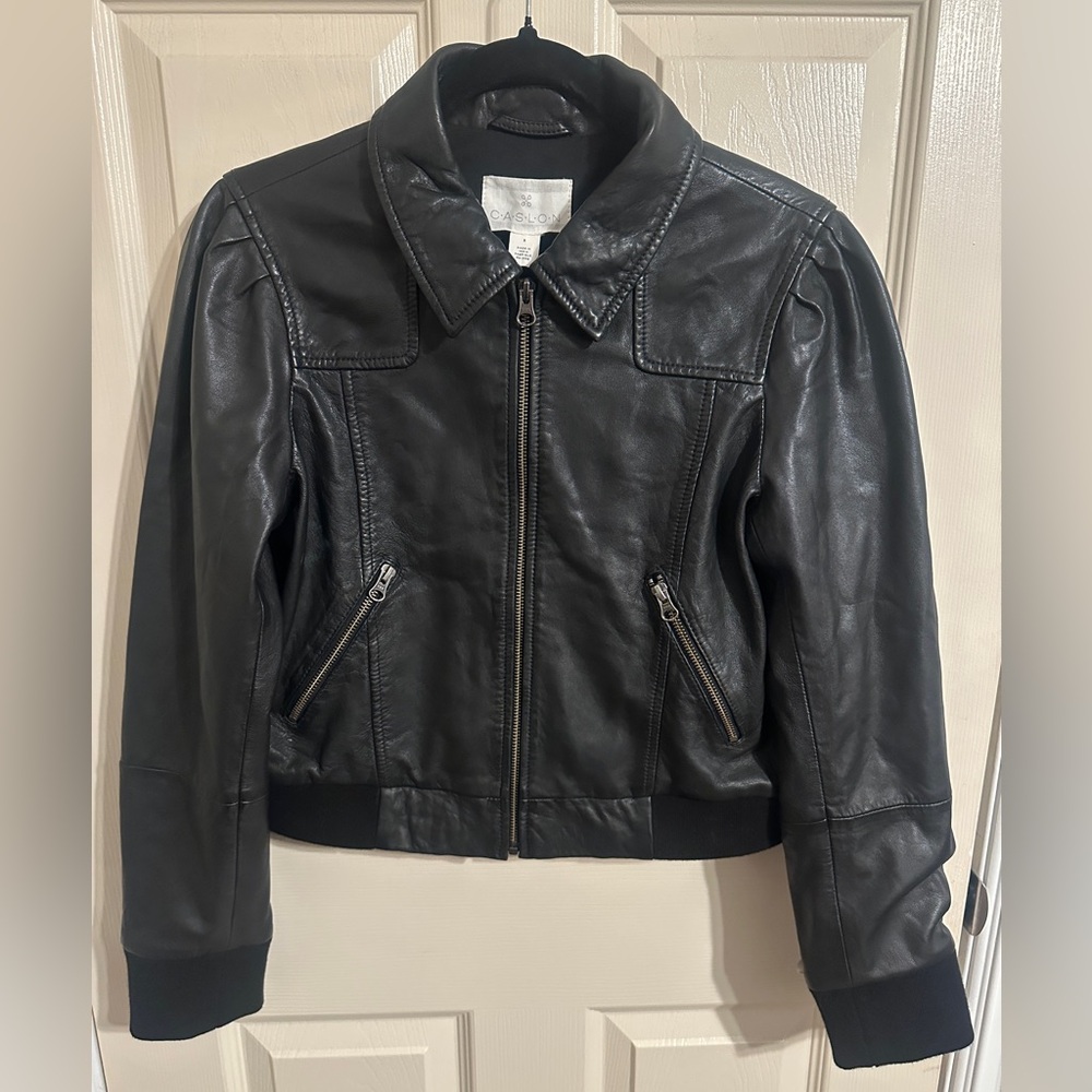 Caslon Collared Real Leather Zip Up Front Moto Jacket, Black, Sz S, NWOT